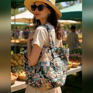 Vintage Tapestry Tote Bag 1930s Postcards Travel Theme 21x17